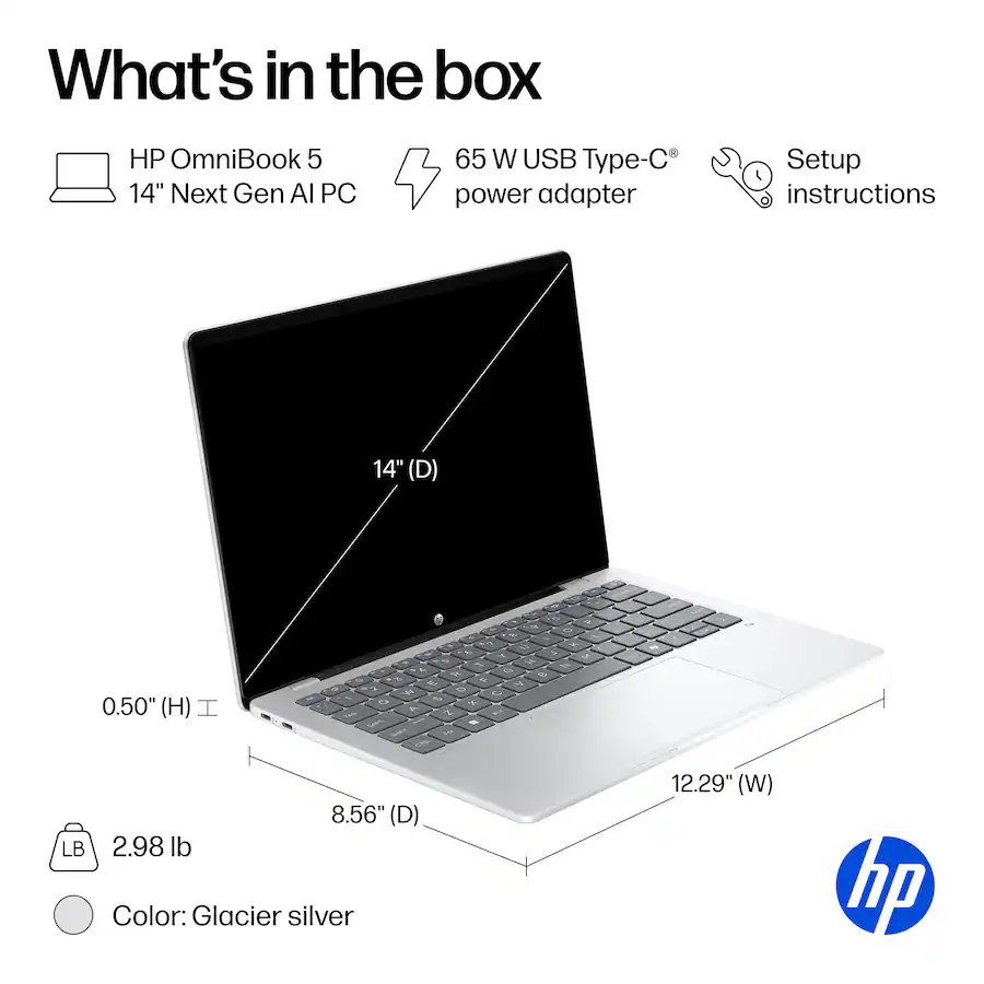 HP OmniBook 5 14-inch AI Laptop, 2K OLED Touchscreen, Snapdragon X Plus X1P-42-100, 16GB RAM, 512GB SSD, 34Hr Battery, Copilot+ PC, w/Stylus Pen