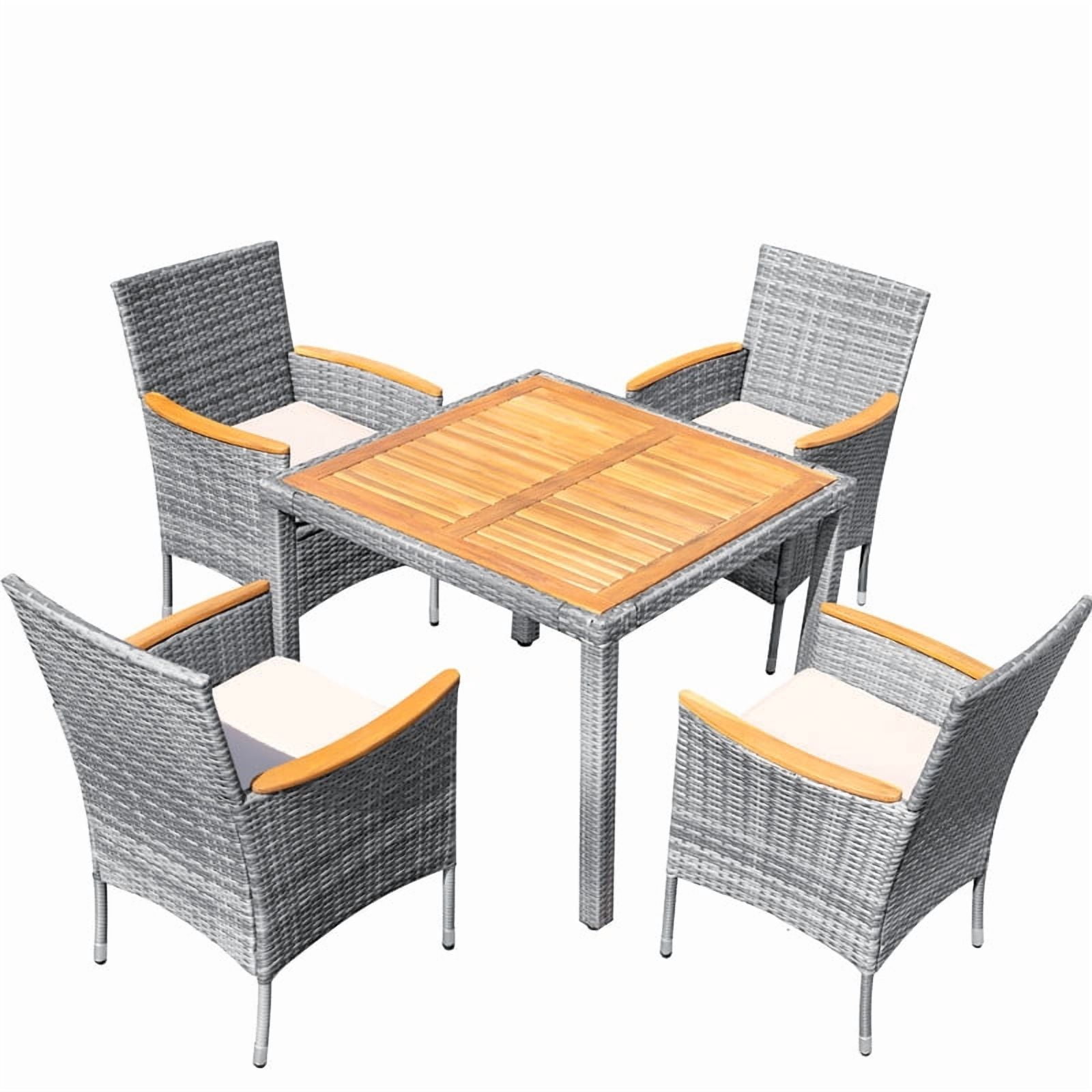 Vineego 5PCS Rattan Outdoor Furniture Set, Acacia Wood Curved Armrest Patio Dining Set with Cushions,Gray