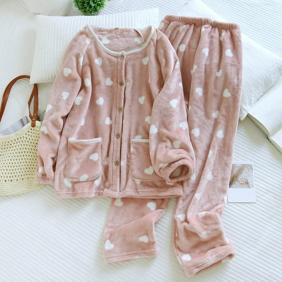 PNTUTB Women's Winter Fleece Warm Crew Neck Button Up Heart Print Casual Long Sleeve Loose Pajamas Set with Pockets
