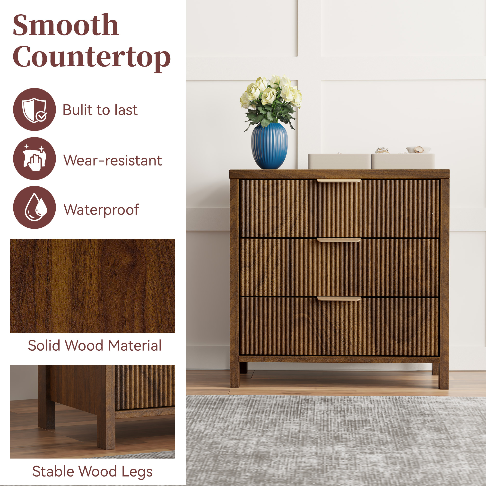 Fluted Nightstand Set of 2 with 3 Drawers, Mid-Century Modern Bedside Table, 23.7'' Wide Wood End Table for Bedroom, Walnut Finish