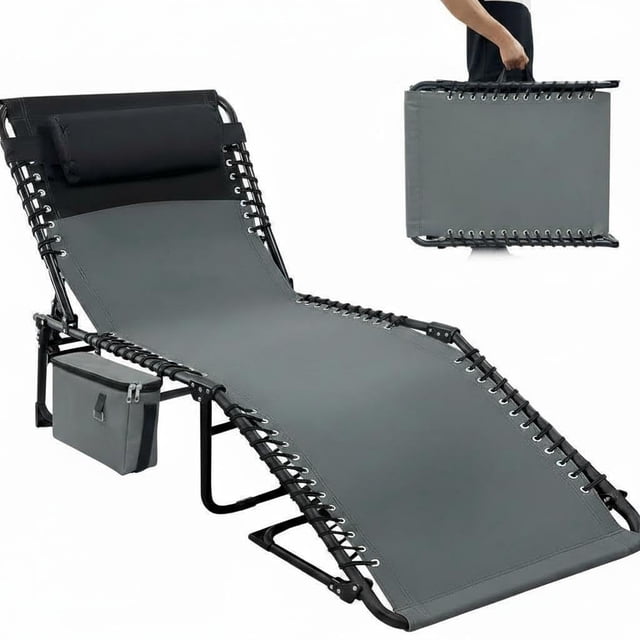 Yeshouse Tumbona de exterior ajustable en 5 posiciones para tomar el sol, con asa de transporte y bolsillo lateral, cama plegable con almohada extraíble para jardín, playa, patio, piscina y camping