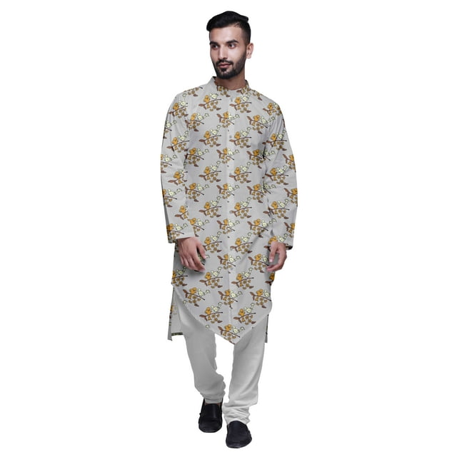 Atasi Kurta Décontracté Boutonné en Rayonne Imprimée de Designer avec Pyjama pour Hommes