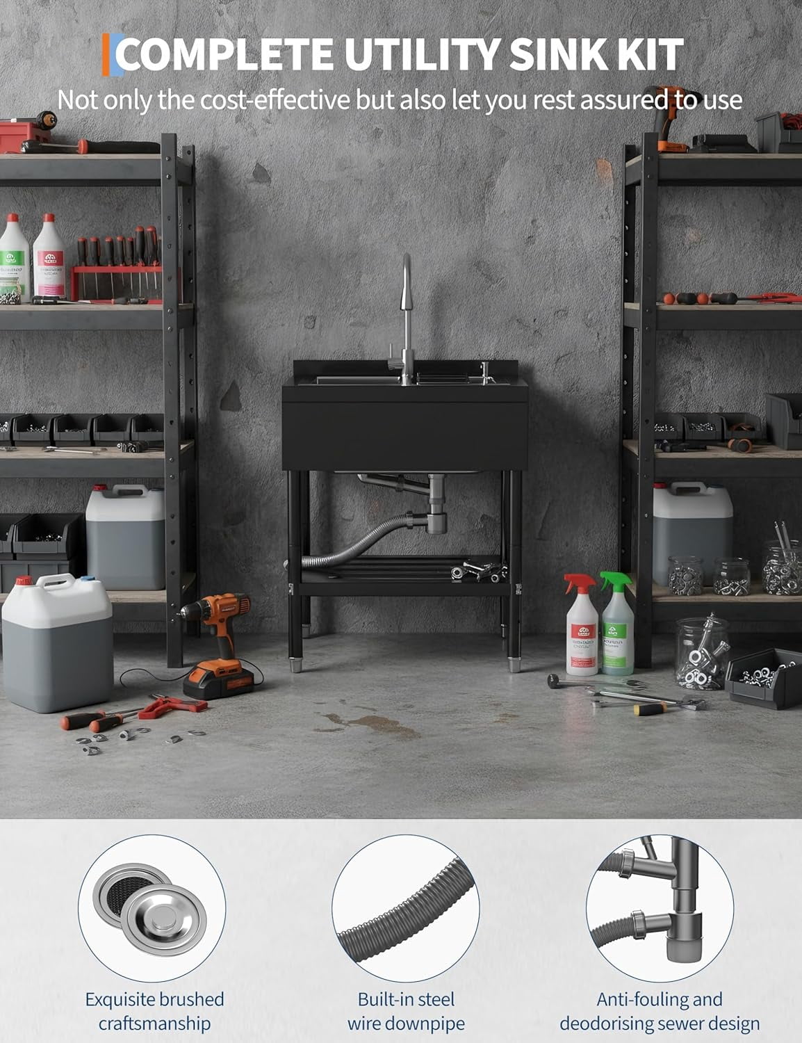 Stainless Steel Utility Sink,Freestanding Deep Basin Work Sink,Heavy-Duty Industrial Sink with Splash for Garage Workshop Laundry Room & Man Cave,Silver,31.1" × 22" × 37.8"