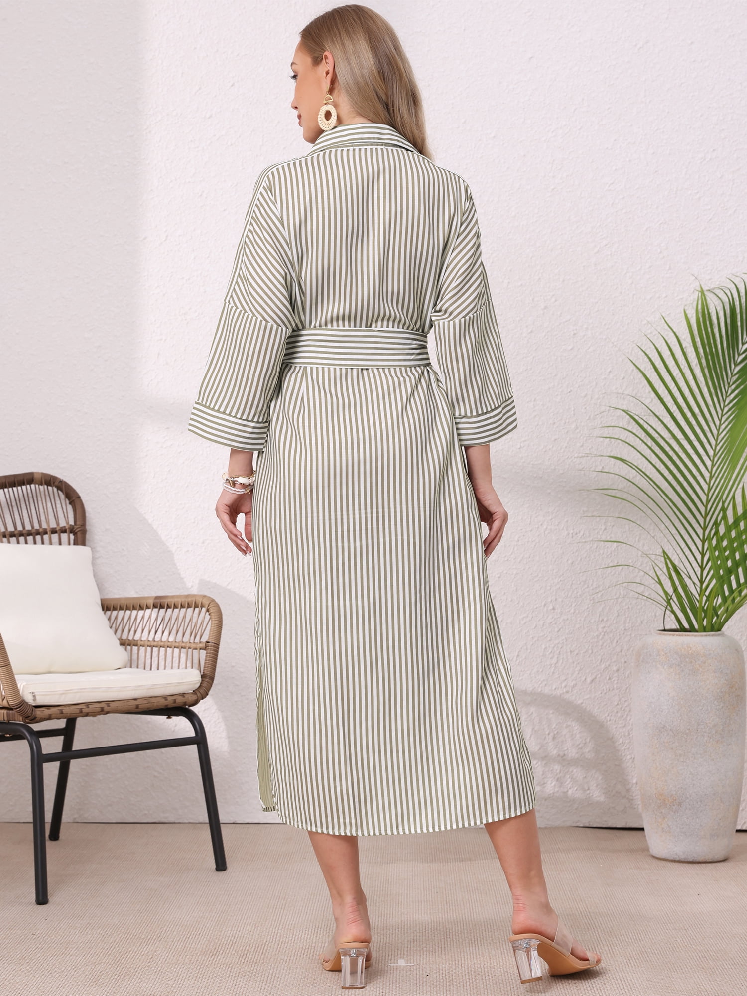 DARING DIVA Women's Stripe 3/4 Sleeve Button Down Split Belted Midi Shirtdress S Khaki
