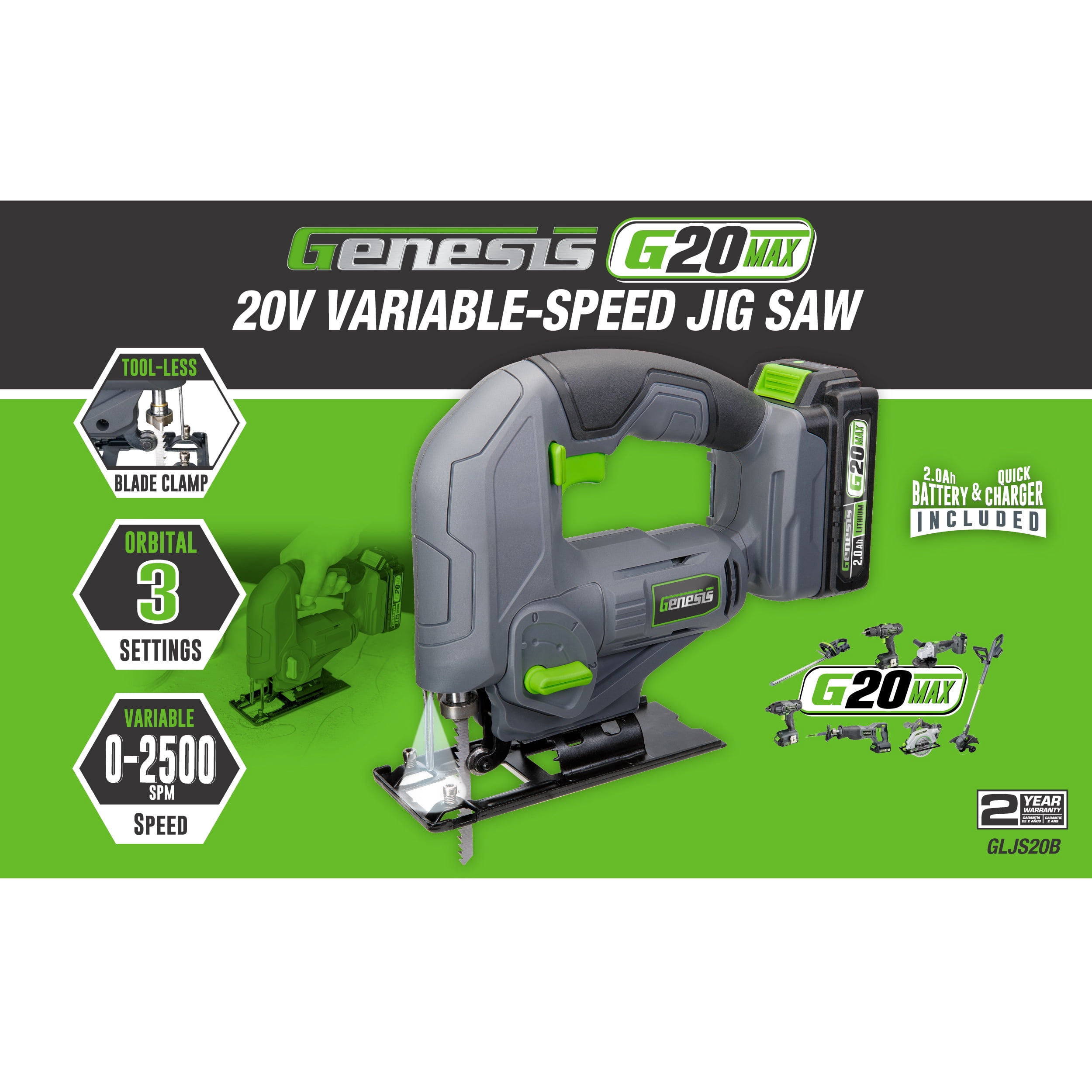 GENESIS G20MAX 20V Variable-Speed Jig Saw with 3-Orbital Settings, 2.0Ah Battery and quick charger included.