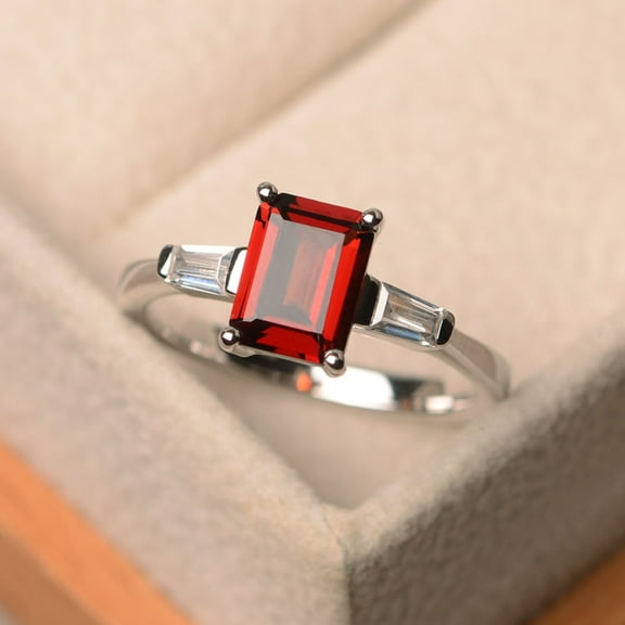Natural garnet ring, silver promise ring, emerald cut red gemstone, art Deco ring, January birthstone