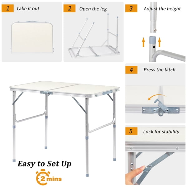 Alvantor Portable Aluminum Alloy Folding Camping Picnic Table, White, 3FT