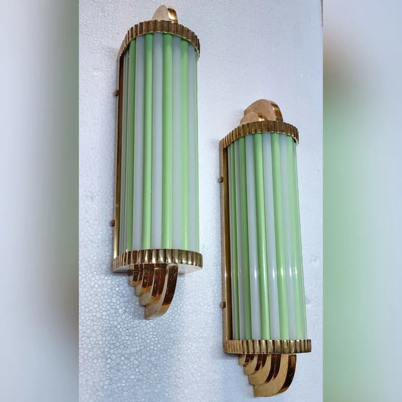 Pair of Vintage Art Deco Skyscraper Wall Sconces – Brass & Opaline Green Milk Glass Rod Lights