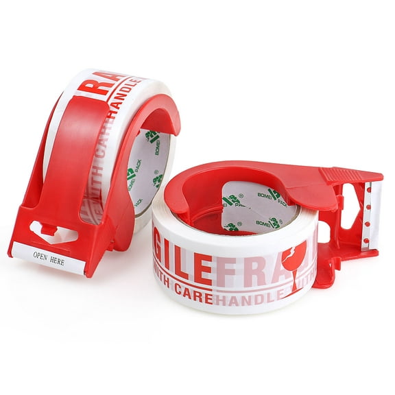 BOMEI PACK 2 Pack Fragile Reminder Tape with 2 Dispensers,1.88IN x 55YD,Handle with Care Packing Printing Tape with Free Dispenser, Shipping Carton Sealing Tape,School Supplies,Heavy Duty Tape for Box