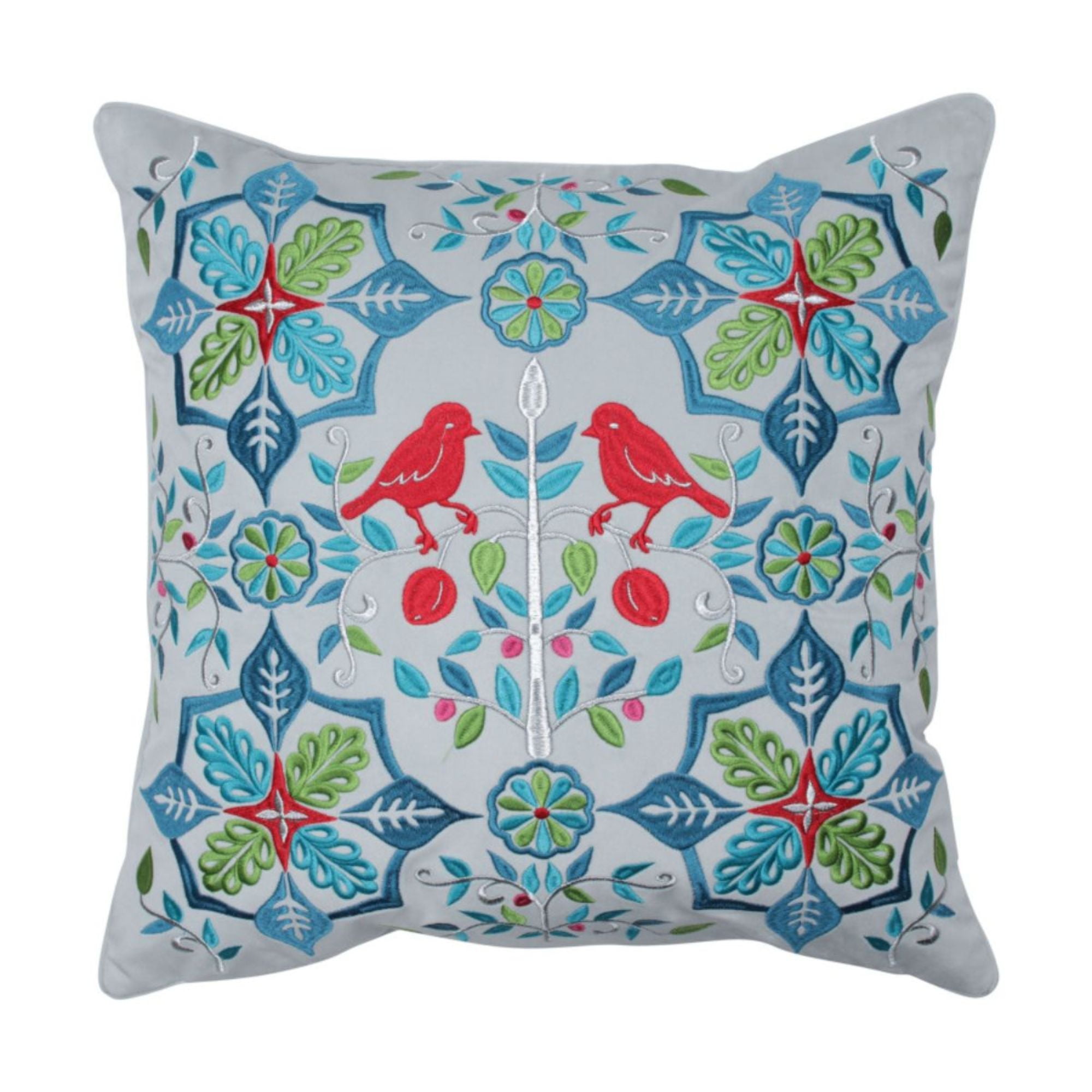 18" Blue and Green Embroidered Birds Square Throw Pillow
