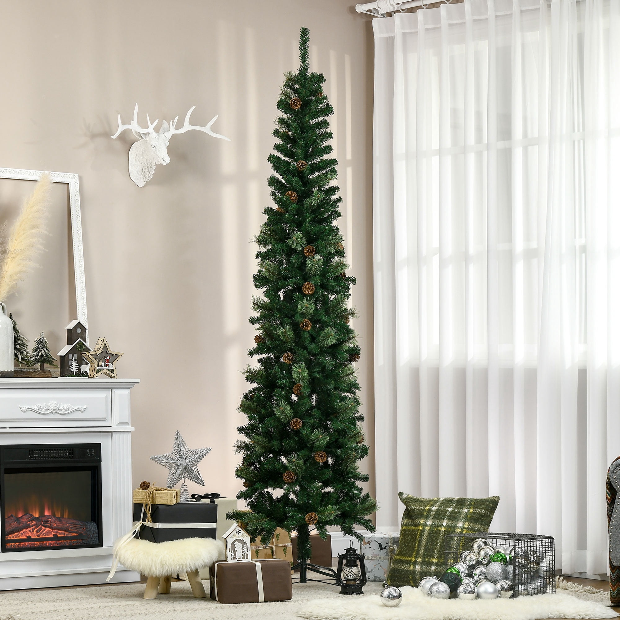 7.5ft Unlit Pencil Christmas Tree 706 Tips Pine Cones Flame Retardant Small Space Holiday Decor