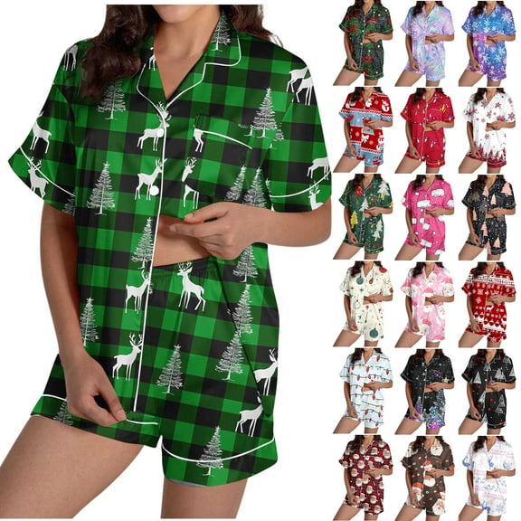 QATAINLAV Purple Womens Satin Pajama 2 Piece Sets Button Down Short Sleeve Tops and Shorts Loungewear Funny Print Sleepwear