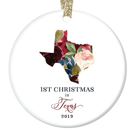 Christmas Holiday 2019 Ornament First 1st Season Living in TEXAS U.S.A. Ceramic Keepsake Present for Relatives Friends Beautiful Floral 3