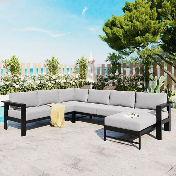 Furvclv 115.7in Modern Outdoor Sectional Sofa, 6 Seater Patio Conversation Couch Sets, U-Shaped Chaise Lounge Couch, Convertible Sofa Set For Outdoor Garden Porch