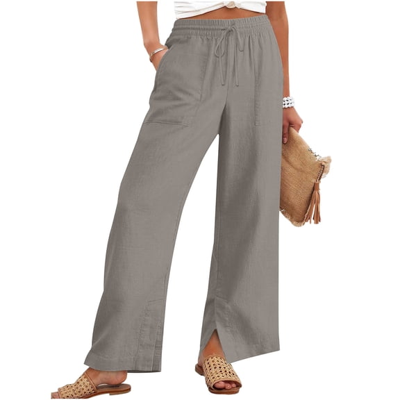 Vibrex Linen Pants Women High Waisted Wide Leg Casual Beach Pull On Elastic Waist Summer Side Slit Pants with Pockets Solid Color Loose Pants