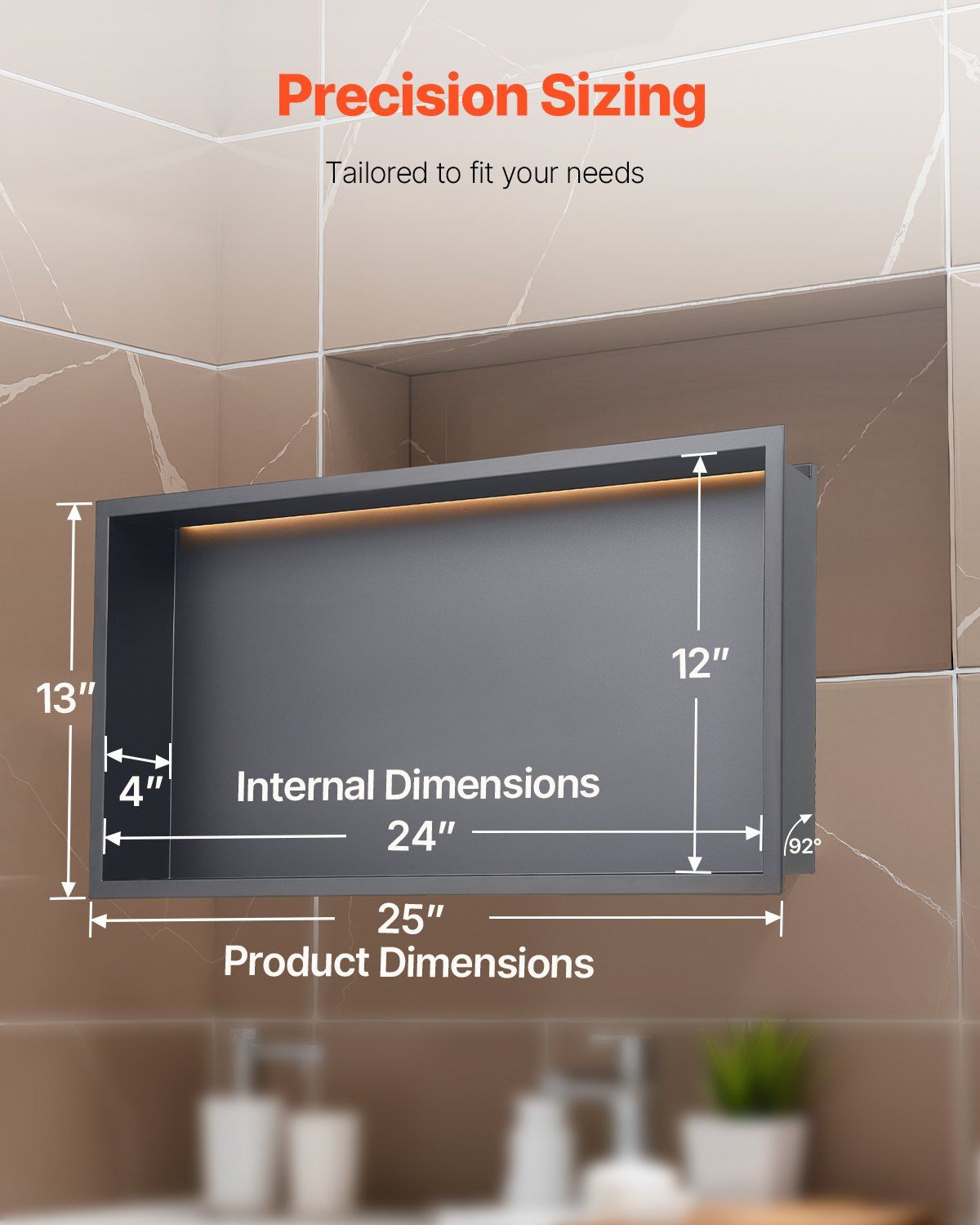 13x25x4 Inch Stainless Steel Shower Niche with LED Strip Waterproof Recessed Wall Organizer Black Bathroom Storage