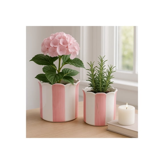 Decorative Striped Scallop Edge Planters Accent - Cute Flower Pots Ideal for Indoor or Outdoor Plant - Whimsical Garden, Home Decor, and Living Room Pots for Plants - Set of 2, 7", 6", Pink & White