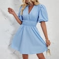 thumbnail image 6 of Dresses for Womens 2024 Plus Size Fashion V-Neck Puffy Sleeves Temperament Pleated High-waisted Mini Dress Solid Color Short-sleeved V-neck Dress, 6 of 6