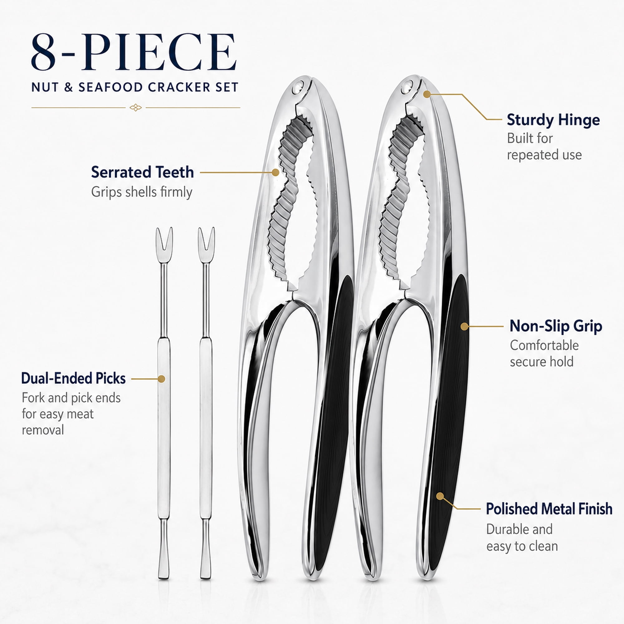 8-Piece Stainless Steel Crab and Lobster Cracker Set, 2 Non-Slip Seafood Crackers and 6 Dual-Ended Picks and Forks, Shellfish Tool Set for Crab Legs, Lobster and Nuts