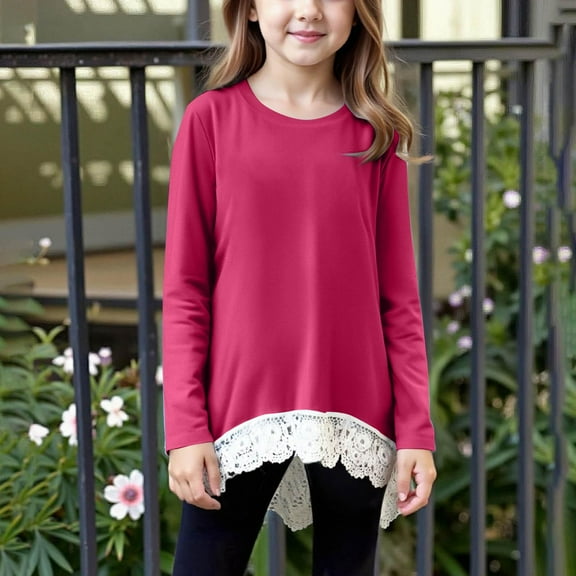 ZOYOEN Girls Shirts with Lace- Long Sleeve Casual Fashion Soft Kids Fall Tops Hot Pink Size 4-14