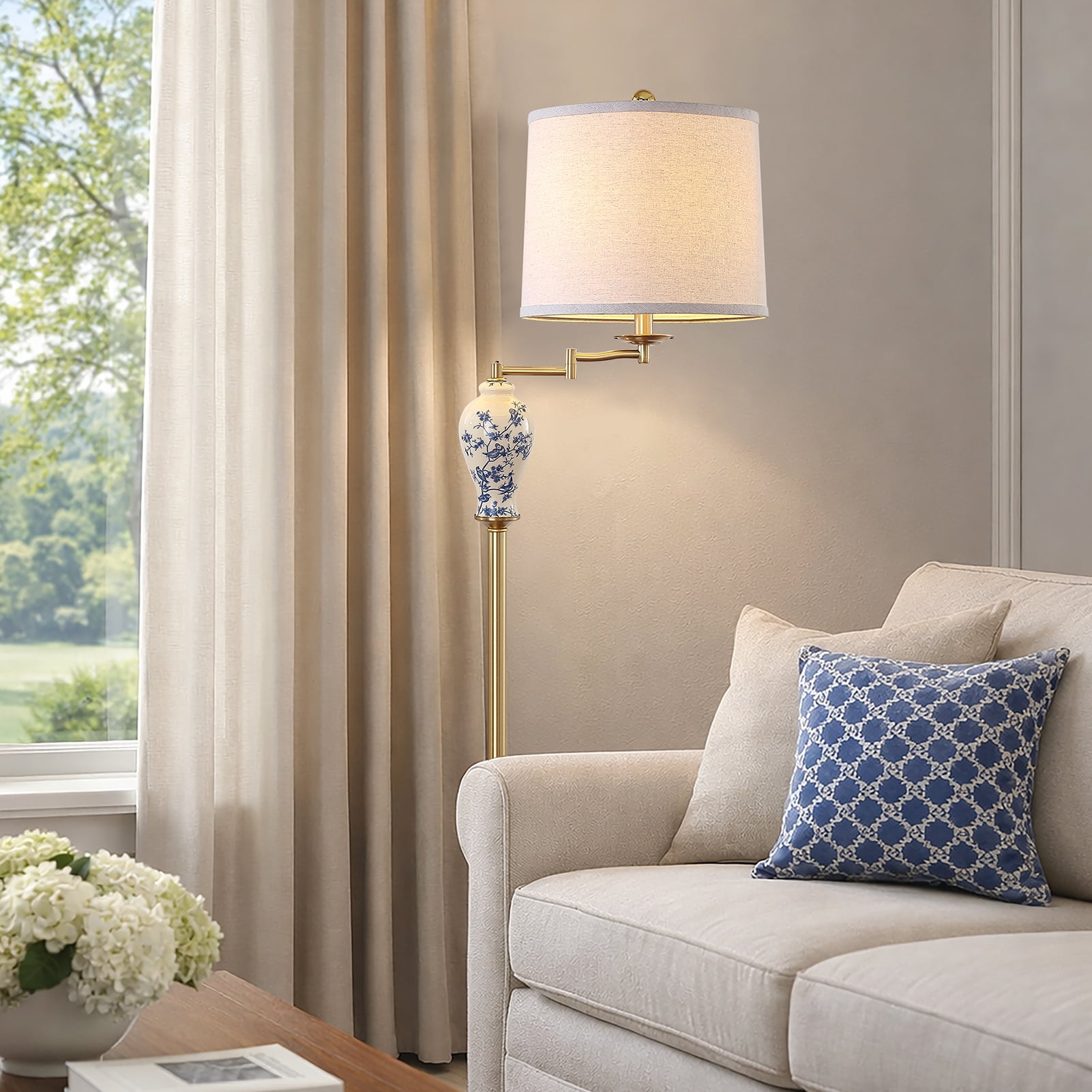 JUJUYUYOP 63" Floor lamp for the living room, with a 355° adjustable swivel arm and a linen shade; suitable for bedrooms, offices, and home offices (bulb included)