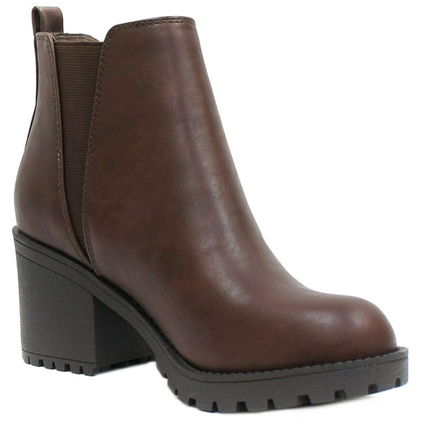 elastic panel slip on chunky heel ankle booties