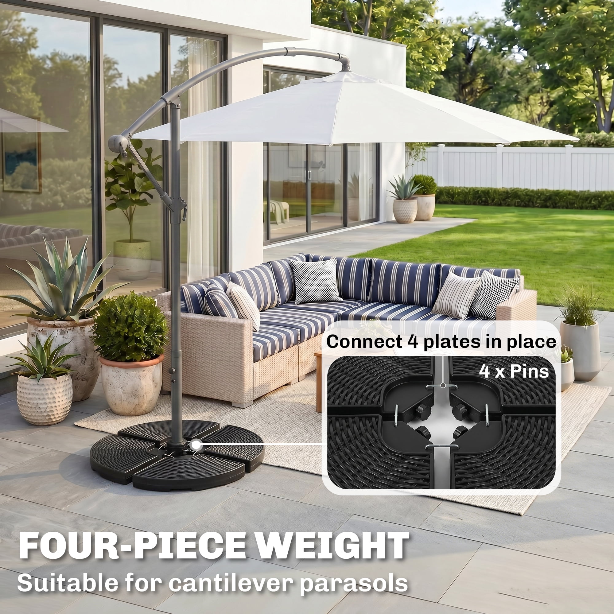 Outsunny 4-Piece 150lb Cantilever Patio Umbrella Base Weights for Offset Hanging Umbrella, Fasteners, Wicker-like HDPE Water or Sand Weights, Black