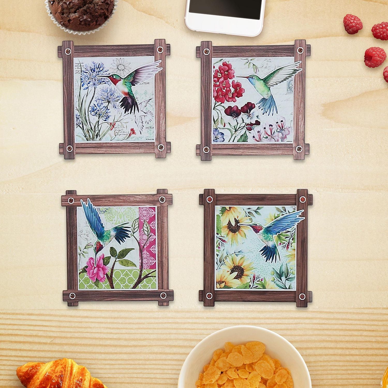 IH Casa Decor 8" Square Ceramic Trivet Hummingg Bird Asstd - Set of 4