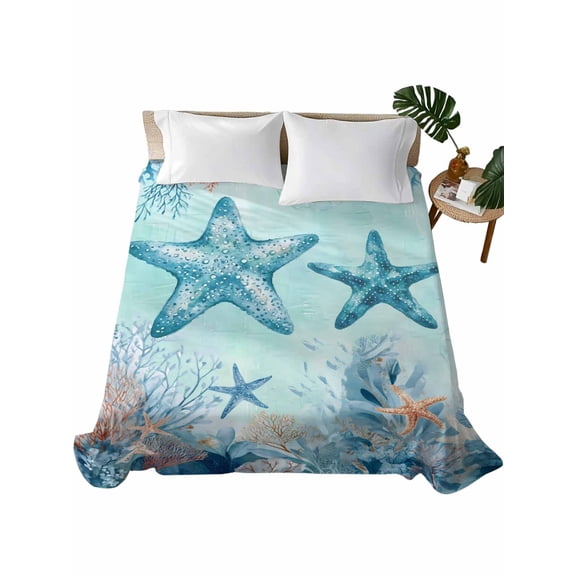 King Flat Sheet, Coastal Starfish Blue King Bed Sheets Only, Soft Microfiber Flat Sheet, Summer Beach Nautical Coral Hotel Quality Bedding Top Sheet Bedroom Home Dorm Decor