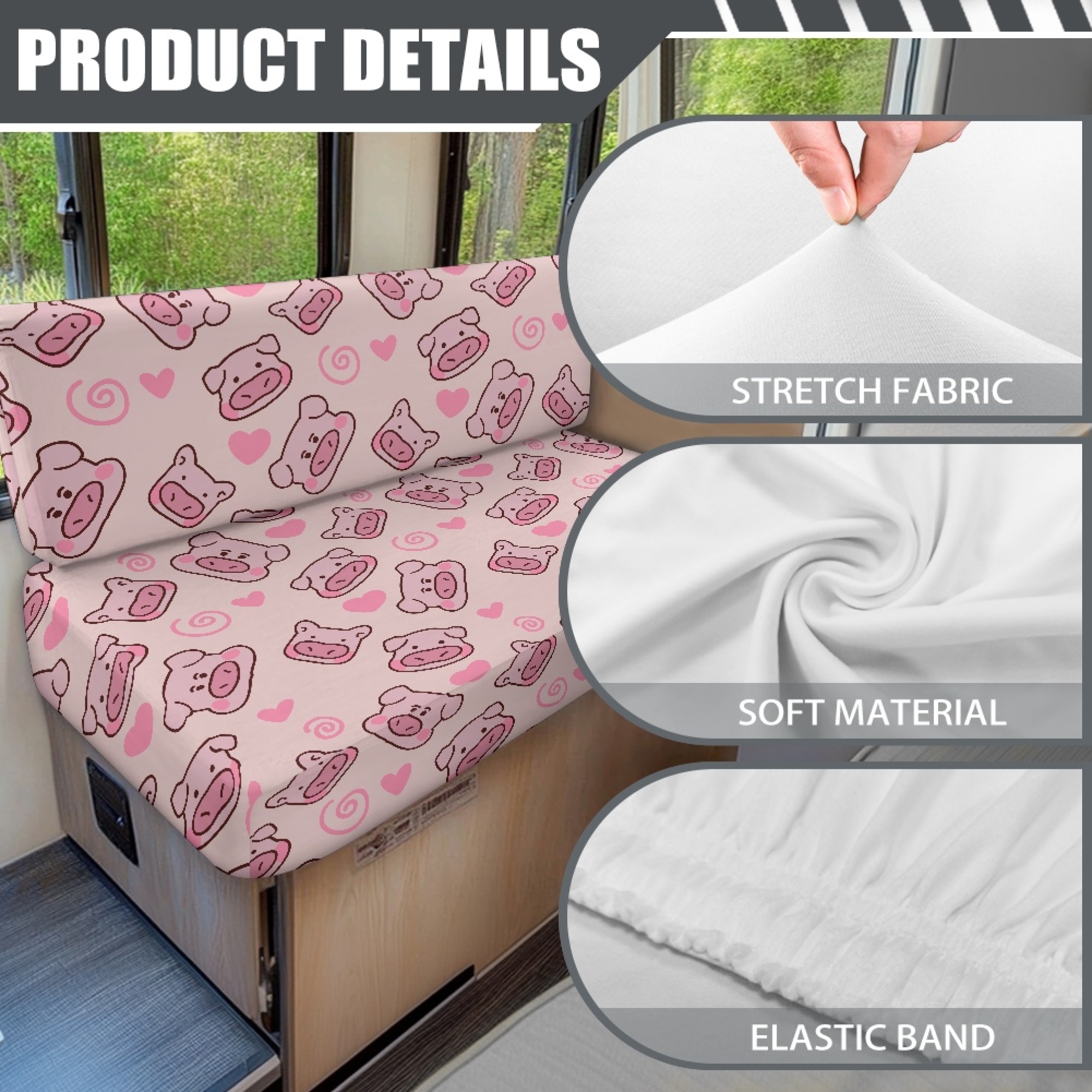 FOR U DESIGNS Pig Heart Print 2 Pack RV Dinette Cushion Covers Stretch Camper Cushion Slipcover Non-Slip RV Couch Cover Sofa Slipover for Travel Trailer Couch