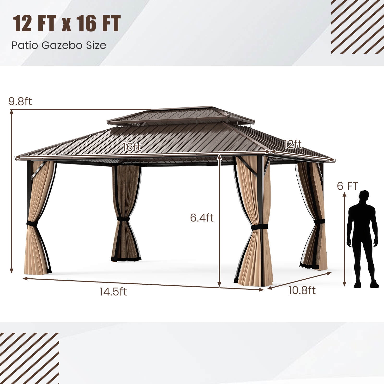 Costway 16 x 12 FT Hardtop Gazebo with Netting Heavy-Duty Double-Roof Galvanized Metal Top