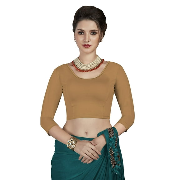 Crazy Bachat Women's Designer Hazelnut (Brownish) 3/4 Plain Stretch Blouse for Saree Crop Top.