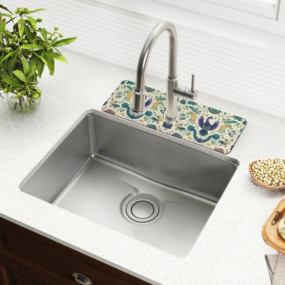 Yayeee Faucet Mat for Kitchen Sink 14.7" Diatomite Long Splash Guard Pad, Green Animals Pattern