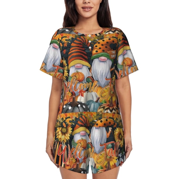 Fotbe Welcom Fall Conjunto de Pijama Estampado para Mujer, 2 Piezas, Ropa de Dormir con Camiseta de Manga Corta y Shorts Suaves-Small