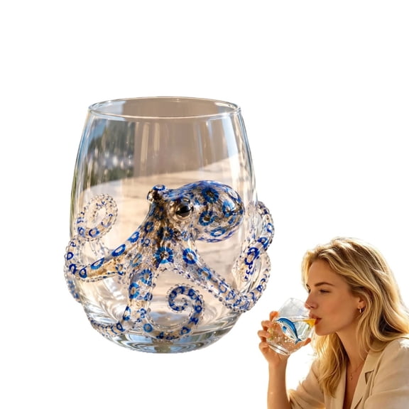 ZZAIXHL Artisanal 3D Blue Ringed Octopus Glassware Novelty Drinking Glass Cups 12 Oz Borosilicate Tumbler Coastal Home Bar Accessories Ocean Lover Gift