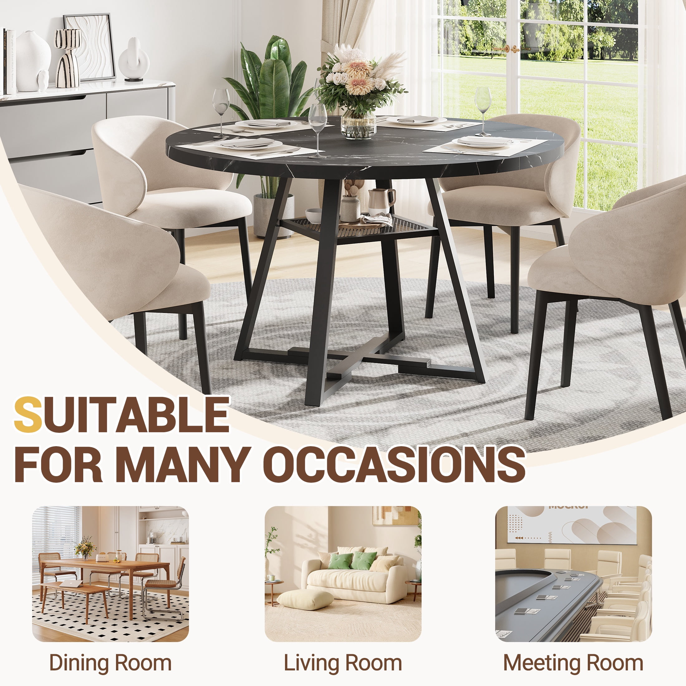UHOMEPRO Round Kitchen Table for 4, Faux Marble Dining Table with Storage Shelf, Modern High Glossy Dining Room Table with Sturdy Cross-Shaped Base Support (Only Table), Black