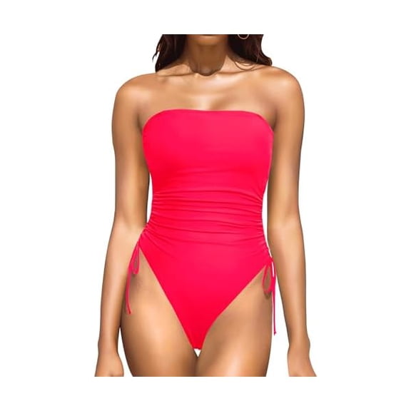 Women Strapless One Piece Swimsuit Tummy Control Bandeau Bathing Suit Cheeky Swimwear