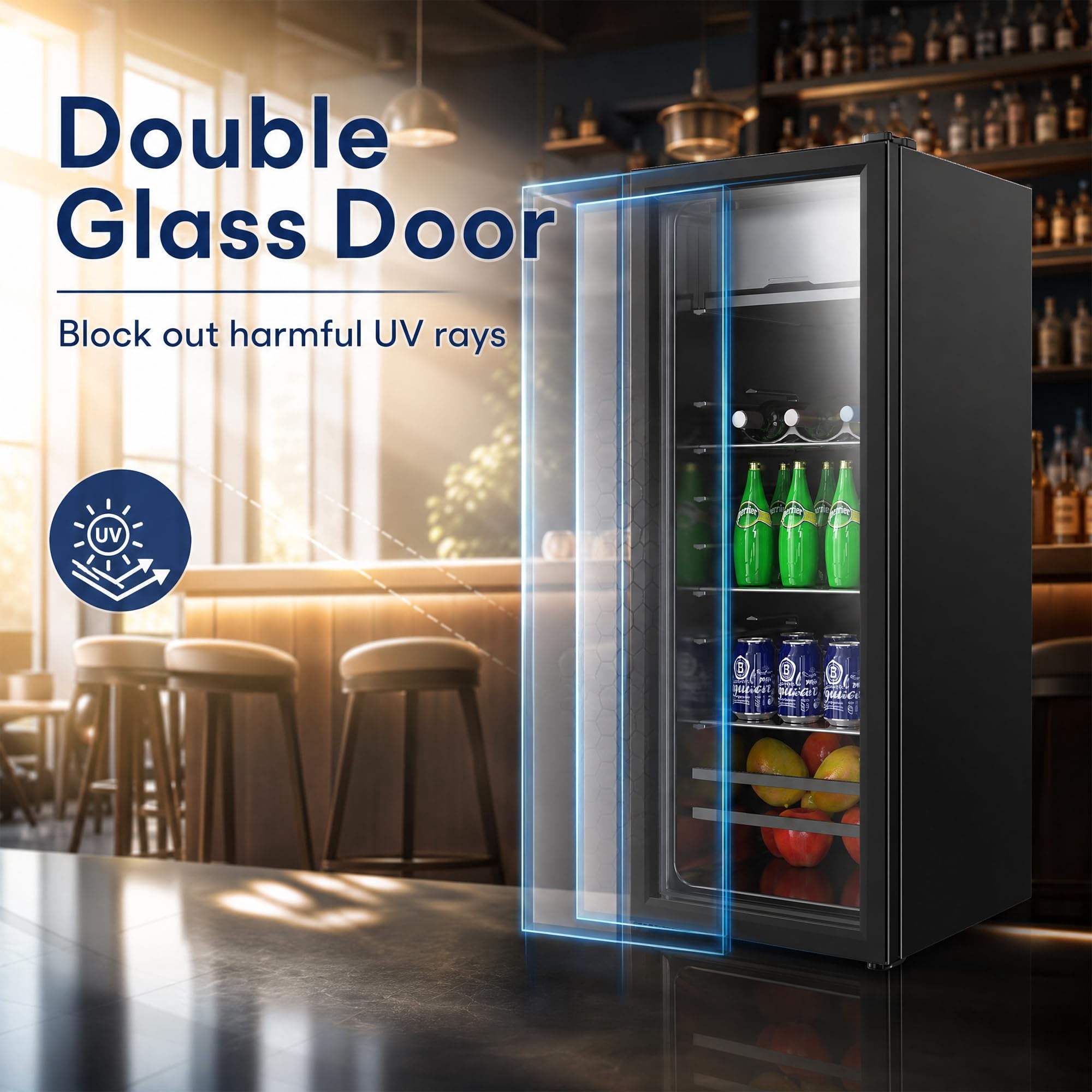 170 Can Beverage Refrigerator Wine Cooler, Digital 7‑Level Temperature Control Mini Fridge 32‑50°F, Humidity Lock Double Tempered Glass Door, Freestanding Drink Cooler for Home Bar Office Dorm