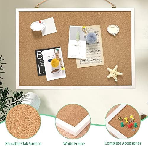 Quivanta Cork Board Bulletin Board 23 x 15.7 Inches with Rectangle White Frame Hanging Pin for Walls Office Message Board or Vision Board Decoration