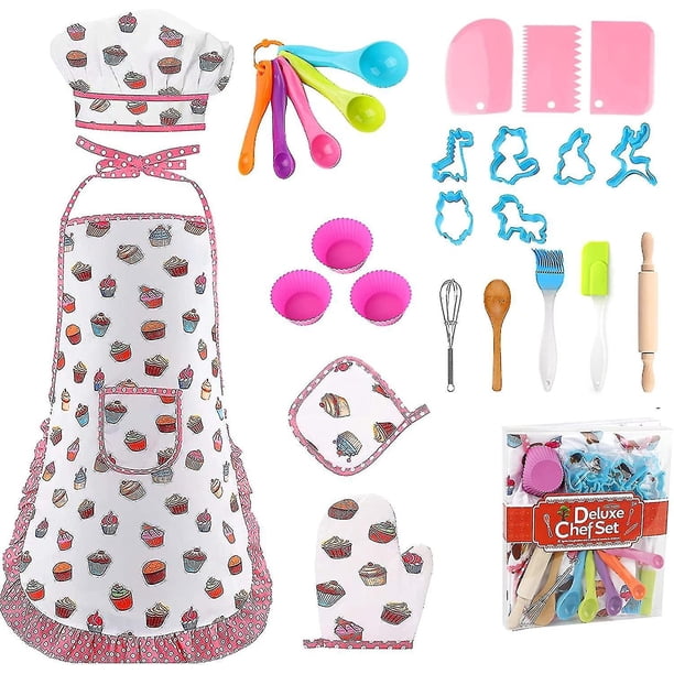 Juego de cocina y horneado para niños, 26 piezas, juego de chef para niños, delantal, sombrero de chef, disfraz de juego de rol de chef para niños, juguetes para juego de roles, juego de sim