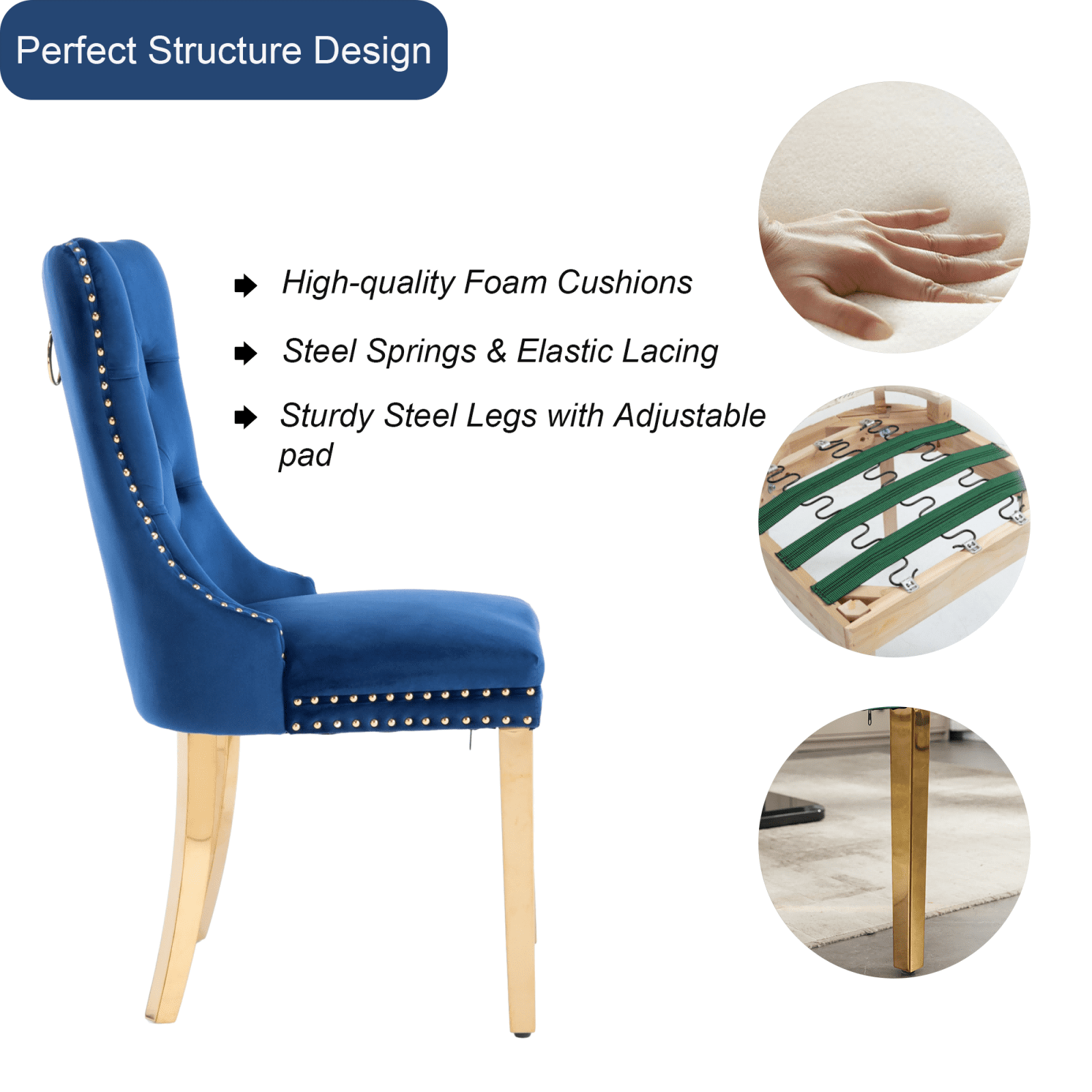 Dining Room Chairs with Velvet Fabric Dining Chairs with Golden Stainless Steel Plating Legs, Backrest and Button Velvet Fabric Design,Luxury Home Furniture for Dining Room(Blue Set of 4)