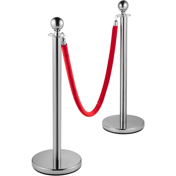 KFFKFF 4-Set Stainless Steel Queue Posts, Silver Post with Red Velvet Ropes, 5FT Rope Barriers for Crowd Management at Events