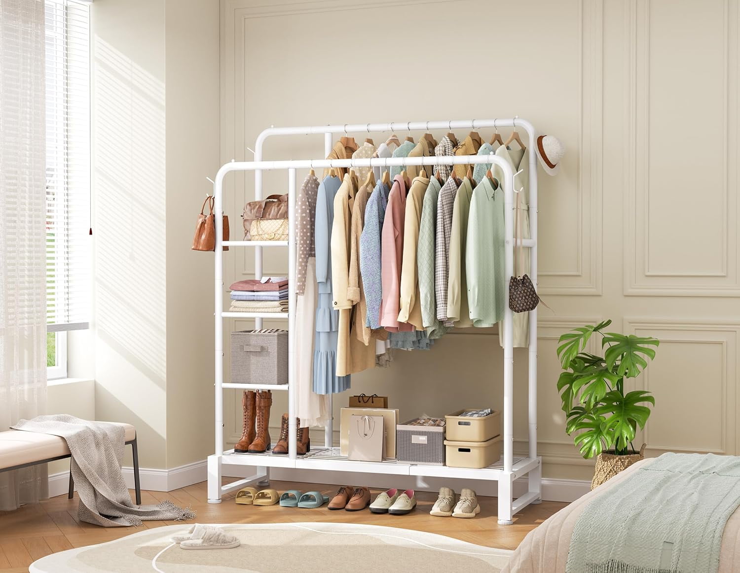 Double Rods Clothes Rack Clothing Rack with  Storage Shelves Clothes Rack for Hanging Clothes Multifunctional Heavy Duty Clothes Organizer with Hooks for Bedroom,Wardrobe Closet,Shop