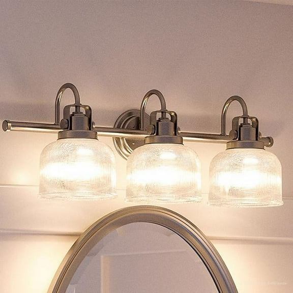 Urban Ambiance Luxury Farmhouse Bath Fixture, Size: 8-3/4"H x 26-1/4"W, with Vintage Electric Style Elements, Aged Nickel Finish and Clear Double Prismatic Shade, UHP2045