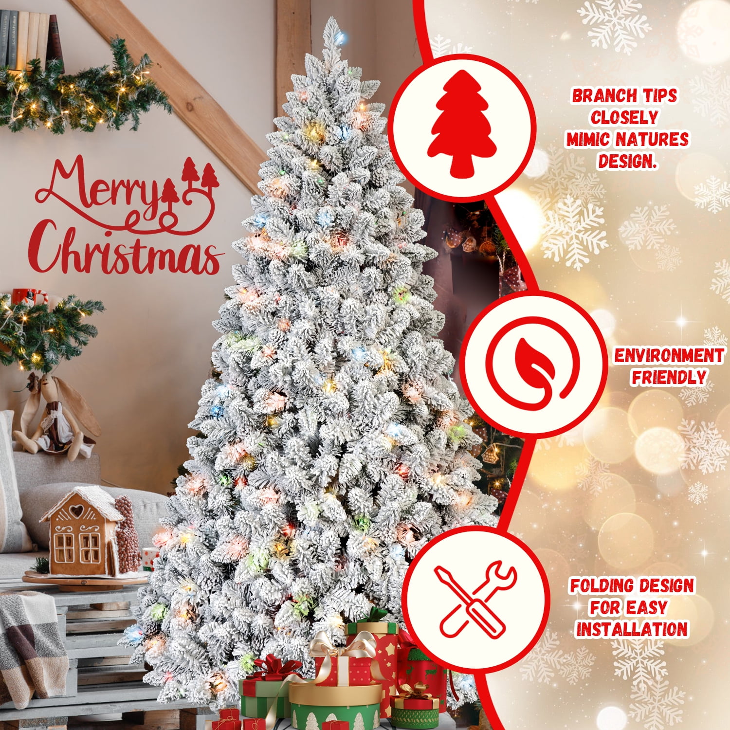 5ft Prelit Snow Flocked Christmas Tree with 150 LED Lights 366 Tips Pine Cones Hinged Branches