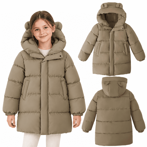 HILEELANG Girls' Long Puffer Winter Coat with Bear Ear Hood, Quilted Jacket, Taupe