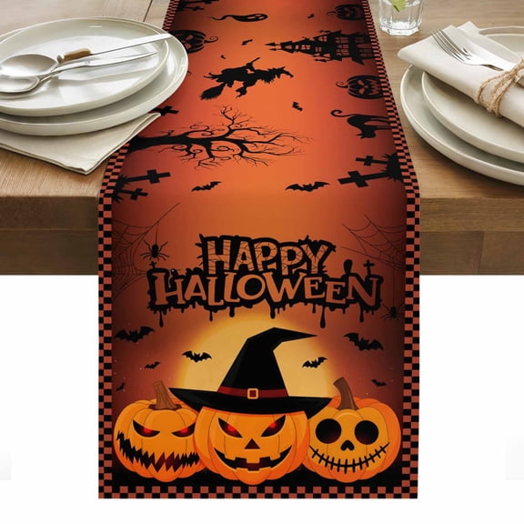 Burnt Orange Halloween Table Runner - 72 Inch Long, Kitchen Dining Table Runner Dresser Scarves, Spooky Pumpkins Horror Plaid Farmhouse Decor for Coffee Tables Wedding Party Banquet