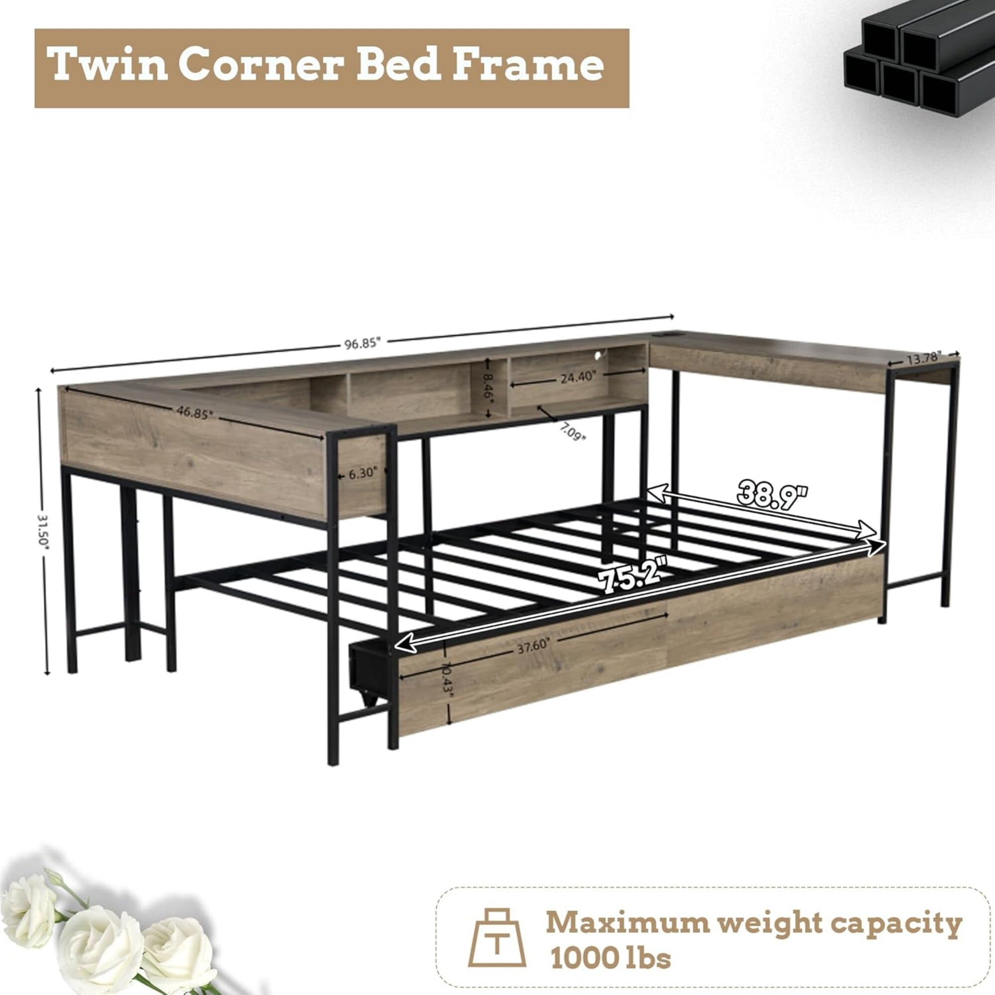 AENKYO Twin Size Corner Daybed with Desk & Bookcase, Bed Frame with LED Lights, Charging Station, Drawers, Gray