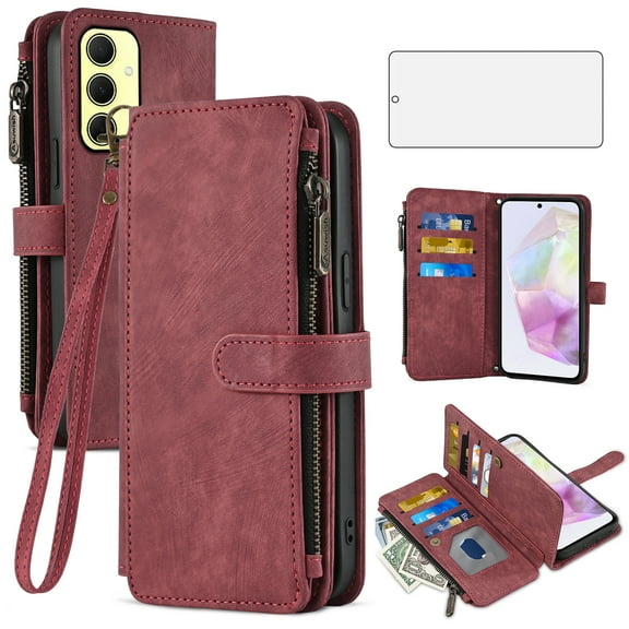 Asuwish Compatible with Samsung Galaxy A32 5G 2021 6.5 inch Wallet Phone Case and Tempered Glass Screen Protector Faux Leather Flip Card Holder Cell Cover for M32 G5 A 32 32A S32 SM-A326U A326U Brown