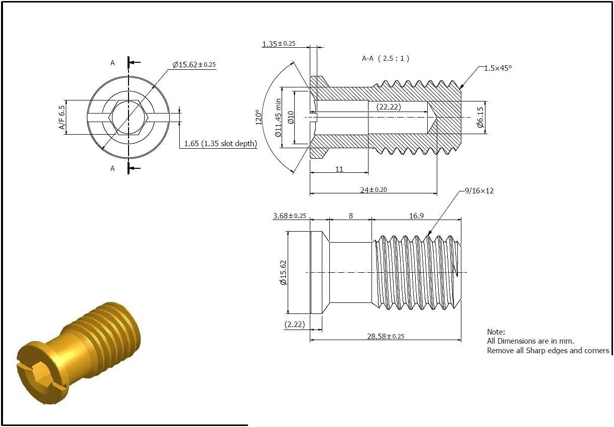 AXE Pool Collection Universal Threaded Brass Insert Screw Bolt, 9/16" x 1-1/8", 25 Pack